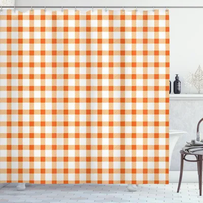 Image de ABAKUHAUS Rideau de douche orange et blanc, motif rétro à carreaux vichy dans des tons chauds, 175 x 220 cm, orange et blanc