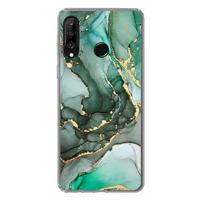 Produktbild von MuchoWow® Handyhülle Schutzhülle Hülle für Huawei P30 Lite Gold - Marmor - Grün - Luxus - Marmoroptik - Grau Silikon Softcase Handy Hülle - Handyhülle