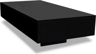 A black coffee table on a white background.