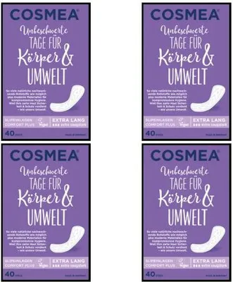 Produktbild von Cosmea Slipeinlagen, Vorteilspack, (Extra Lang 4 x 40 Stück) Hygiene-Einlagen aus nachwachsenden Rohstoffen. Damen-Hygiene im Einklang mit der Natur
