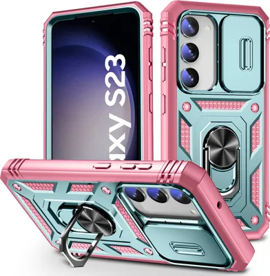 Produktbild von Galaxy S23 Hülle, Schiebe Kamera Schutz Robust Rüstung Schutzhülle mit Ringhalterung Ständer Kartenhalter für Samsung Galaxy S23 Türkis