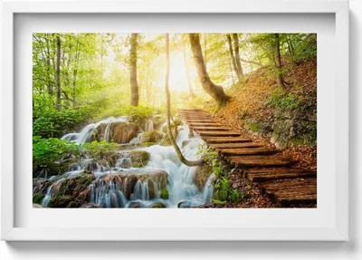Produktbild von Bach und Treppe im Wald– Wandbild mit Rahmen – Gerahmtes Bild  – Wanddekoration – 60x40 cm –  Schwarz Rahmen