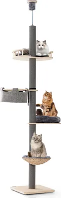 A multi-level cat tree with three cats on different platforms.