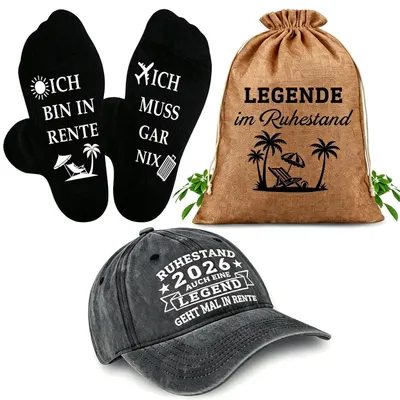 Immagine prodotto di Set regalo per il pensionamento, composto da: berretto da baseball, calzini e sacchetto regalo, tutto in colore grigio