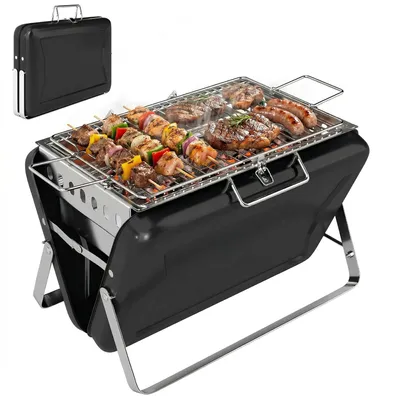 Produktbild von Holzkohlegrill aus Edelstahl BBQ Smoker mit Grillrost Griff klappbaren Beinen für Barbeque Camping 40x28x25,5cm Schwarz
