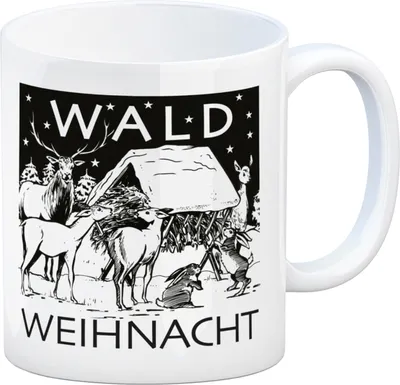Produktbild von Kaffeebecher zum Thema Weihnachten im Wald in schwarz-weiß