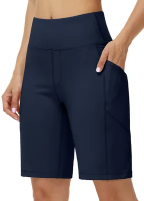 Imagen del producto de Pantalones cortos tipo bermuda deportivos para mujer, de cintura alta y con bolsillos
