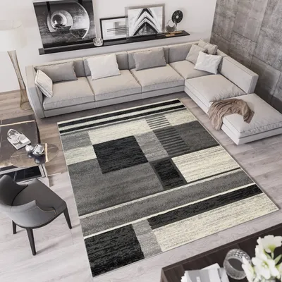 Produktbild von Teppich Wohnzimmer Schlafzimmer Kurzflor Modern Design Schwarz Grau Meliert 140 x 200 cm