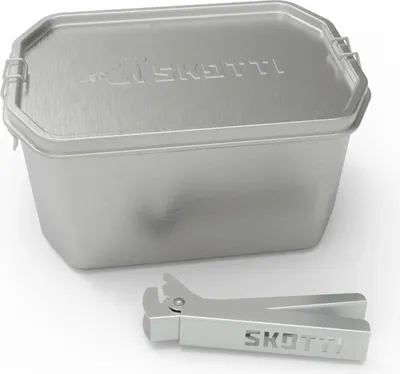 A silver metal storage box and a silver metal tool are shown on a white background.