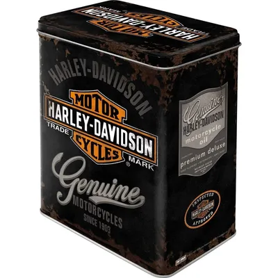 A tin can with Harley-Davidson branding, likely for storing motorcycle oil.