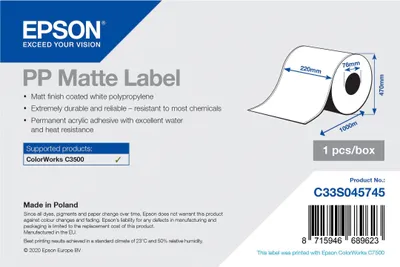 Produktbild von Epson C33S045745, Etikettenrolle, Polypropylen (PP), Acryl, Permanent, Matte, 22 cm