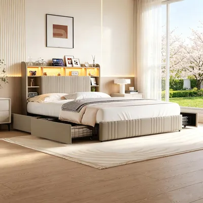 Obrázek produktu pro Postel INONEFT, čalouněná, s pružinovou základnou, rozměr 140x200 cm, s LED osvětlením a USB/C porty, dvojlůžko, rám postele se 4 zásuvkami, čelo postele s otevřenou policí, postel pro mládež, barva: béžová, materiál: len
