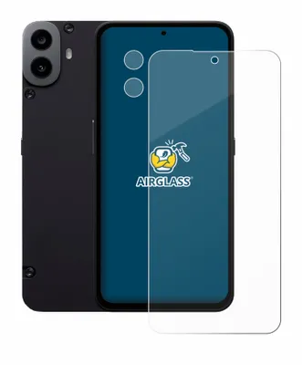 A black smartphone is shown next to a clear screen protector. The phone's display shows a logo and outlines of camera lenses.
