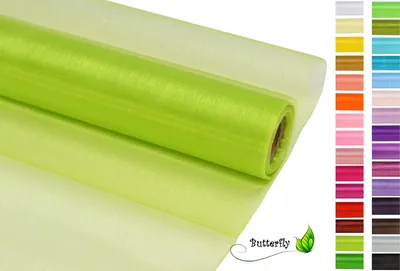 A roll of organza fabric in various shades of green, with a color swatch chart on the right.