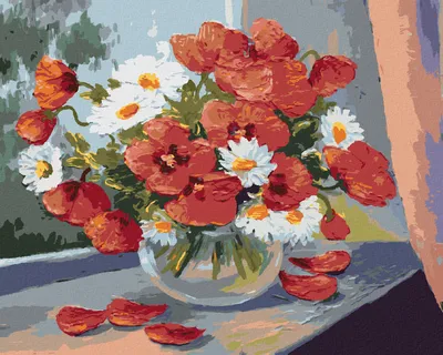 Produktbild von Zuty - Malen nach Zahlen - MARGERITEN UND MOHNBLUMEN AM FENSTER, 40x50 cm, mit Keilrahmen (bereits gespannt)