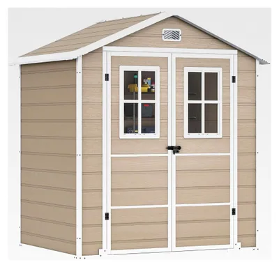 Produktbild von Kunststoff Gartenhaus 183x135x208 cm in Warmweiß mit Boden, wetterfester Aufbewahrungsschuppen mit verschließbaren Türen, Fenstern und Belüftung für Gartenwerkzeuge und Fahrräder