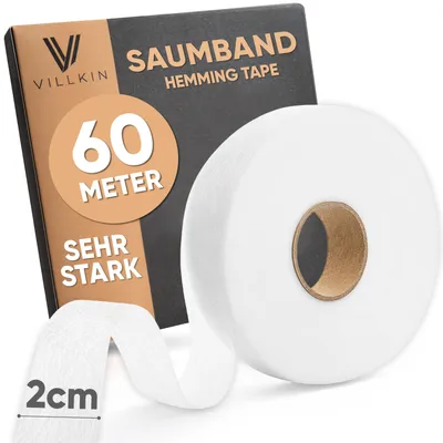 Zdjęcie produktu dla Taśma do obszywania Villkin 60 m x 20 mm - naprasowywana taśma do obszywania tekstyliów, spodni, zasłon i firan - biała flizelina do obszywania