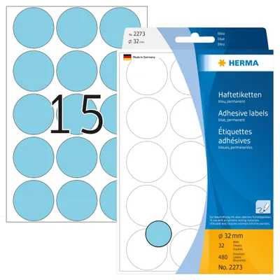 Produktbild von Vielzwecketiketten blau Ø 32 mm rund Papier matt 480 St.