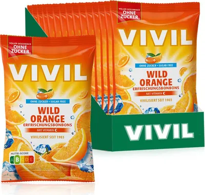 A display of VIVIL Wild Orange Erfrischungsbonbons packaging.
