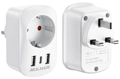 Image de Adaptateur secteur du Royaume-Uni vers l'Union européenne, avec 2 ports USB et 1 port de type C