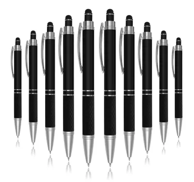 Produktbild von 10 Stück Druckkugelschreiber mit blauer Tinte, 2-in-1 mit Touchpen für Tablet Smartphone, Metallgehäuse schlankes Design (1,0 mm Strichstärke Schwarz)