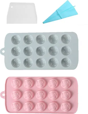 Obrázek produktu pro 2 kusy Mini Rose čokoládové formy s 15 plísněmi, nepřilnavé silikonové formy na pečení pro výrobu kostek ledu, želé, čokolády, mýdla, s potrubím a škrabkou