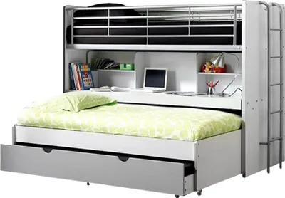 Produktbild von Hochbett BONNY-12, mit Schreibtisch, 2-ter Liegefläche und Bettkasten, 90x200cm, Weiß Silbergrau