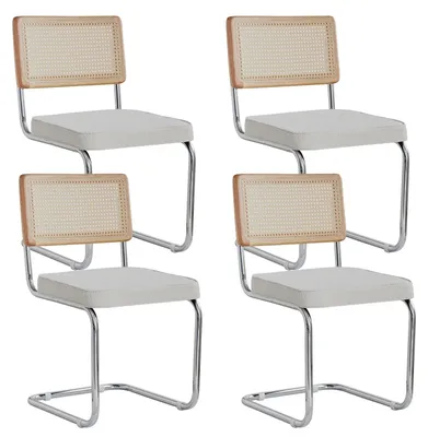 Produktbild von Esszimmerstühle 4er Set - Freischwinger Küchenstühle - Samtbezug - Hohe Rückenlehne - Metallgestell - Weiß