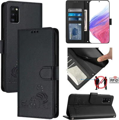 Produktbild von Leder Hülle für Samsung Galaxy A41 Süße Katze Flip Case Brieftasche Schutzhülle mit Standfunktion Schwarz