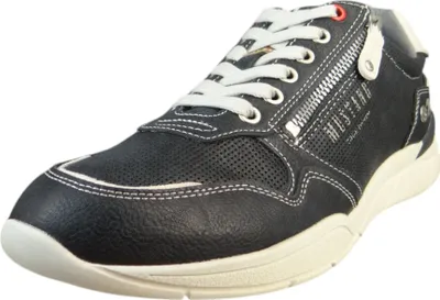 A single blue sneaker with white laces and sole, shown from a side angle against a white background.