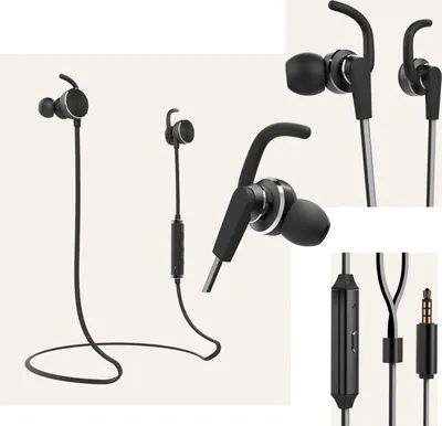 A collage of product images showing different angles and details of black wired headphones.