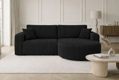 Image de Canapé d'angle avec fonction couchage, velours côtelé Tilia, noir, version droite, ROUND ONE