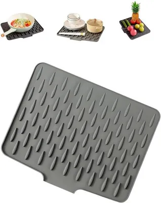 Imagen del producto de Unyqoos®: Alfombrilla de silicona para escurrir – resistente al calor hasta 150°C, antibacteriana y antideslizante (hasta 5 kg), de secado rápido, libre de BPA – eficaz sistema de drenaje para encimeras
