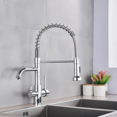 Immagine prodotto di Rubinetto da cucina con filtro dell'acqua - Miscelatore a 3 vie - Bocchetta girevole a 360° - Doccetta estraibile - Acqua calda e fredda - Cromato