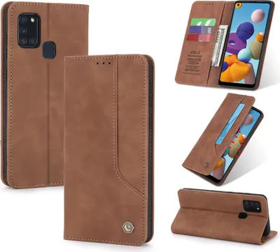 Collage of images showing a brown leather phone case for a Samsung Galaxy A21s in various orientations and states of use.