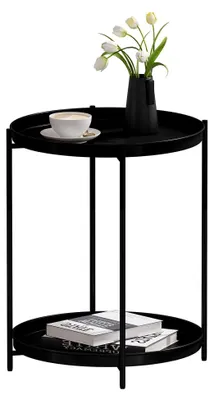 Produktbild von Runder Beistelltisch mit Stauraum und 2 abnehmbaren Tabletts, Wohnzimmertisch, Nachttisch, Sofatisch, kleiner Tisch für Wohnzimmer und Schlafzimmer, aus Metall, Schwarz