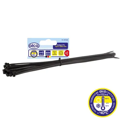 Obrázok produktu pre alca® káblové pásky 4,8*250 mm 50 ks čierne 22 kg pevnosť v ťahu odolné voči UV žiareniu pre vnútorné a vonkajšie upevnenie káblov nylon odolný voči teplote
