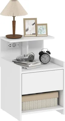 Obrázek produktu pro Noční stolek/komoda – s nabíjecí stanicí a USB porty – zásuvka a otevřené police – 40 x 40 x 60 cm – moderní marocký styl – bílá barva