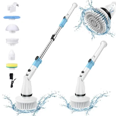 Produktbild von AIORBER Akku Reinigungsbürste Kabellos 450 RPM mit 5 Bürstenköpfen, 120 cm Teleskopstiel, 180° Drehkopf für Bad & Küche, Weiß-Blau