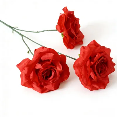 Produktbild von Künstliche Rosenblüten mit 3 Köpfen, realistischer Rosenzweig mit Stiel für Vase, Tischdekoration, Heimdekoration, Hochzeit, Partydekoration