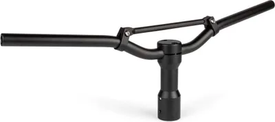 A black bicycle handlebar assembly is shown against a white background.