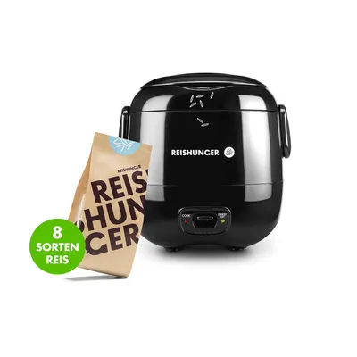 Produktbild von REISHUNGER Mini Reiskocher Starter Set - 0,3 L - Schwarz - Elektrischer Reiskocher für 1-2 Portionen - Im Vorteils-Set mit 8 Reissorten