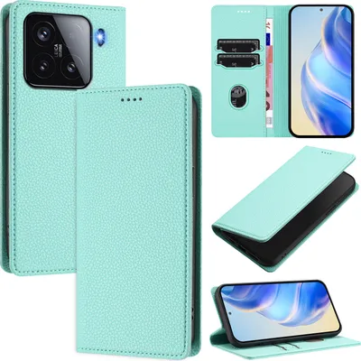 Produktbild von Litchi Leder Handyhülle für Xiaomi 15 Wallet Kartenfächer Standfunktion Hülle Türkis