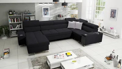 Produktbild von Großes Sofa Wohnzimmer Couch MOREN IV MAXI Big Sofa Ecksofa Ottomane Links Eckcouch mit Schlaffunktion Schwarz Stoff SAWANA 14