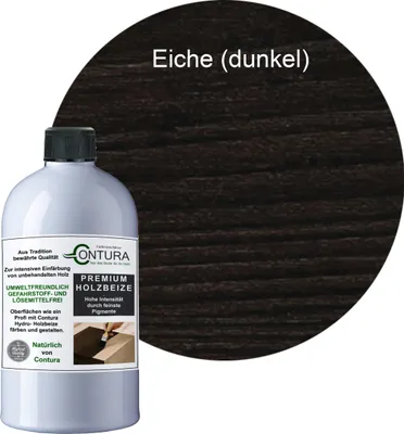 A bottle of wood stain is shown next to a sample of stained wood.