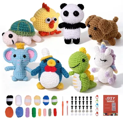 Image de Kit de crochet pour débutants, ensemble de 8 animaux amigurumi à réaliser soi-même, avec laine et instructions vidéo