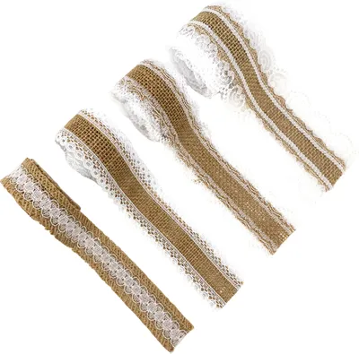 Produktbild von Oblique Unique 4 Jute Band Rollen mit Spitze Deko Bänder Dekoband Tischdeko für Geburtstag Party Hochzeit zum Basteln und DIY