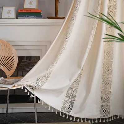 Produktbild von Vorhänge Boho Gardinen Baumwolle Leinen Line Hollow Blickdichte Beige 150*220cm (Durch den Poltyp)