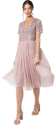 Productafbeelding van Maya Deluxe dames midi-jurk met V-hals, versierde bruidsmeisjesjurk, fros