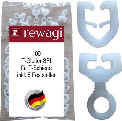 Zdjęcie produktu dla rewagi® 100x prowadnice T + 8 hamulców białe - tworzywo sztuczne - do szyn T